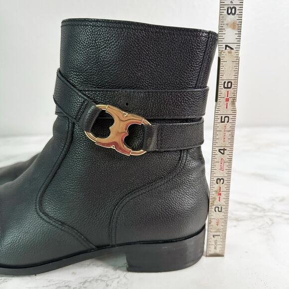 Tory Burch Gemini Goldtone Link Black Leather Flat Ankle Boots women’s size 8 - Picture 16 of 16
